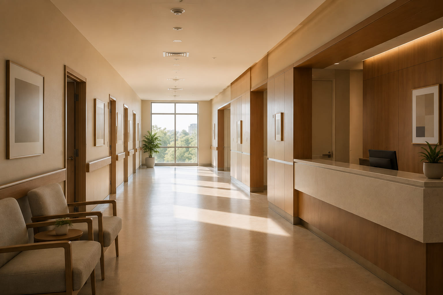 Warm-lit data centre aisle in soft focus