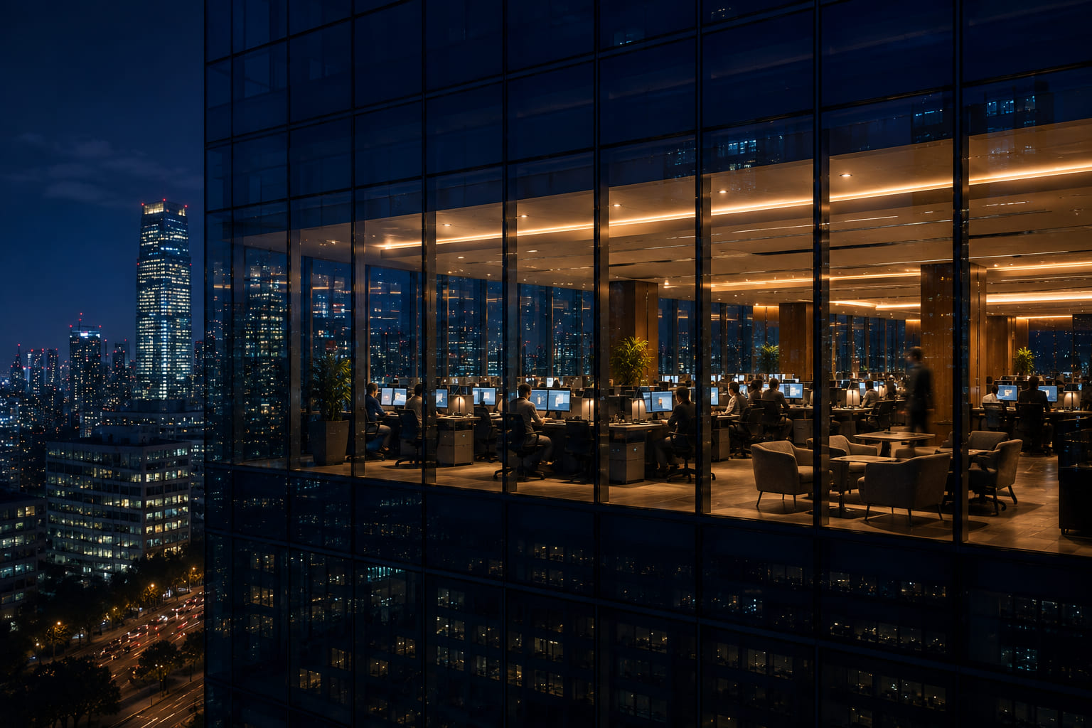Corporate finance floor at blue hour